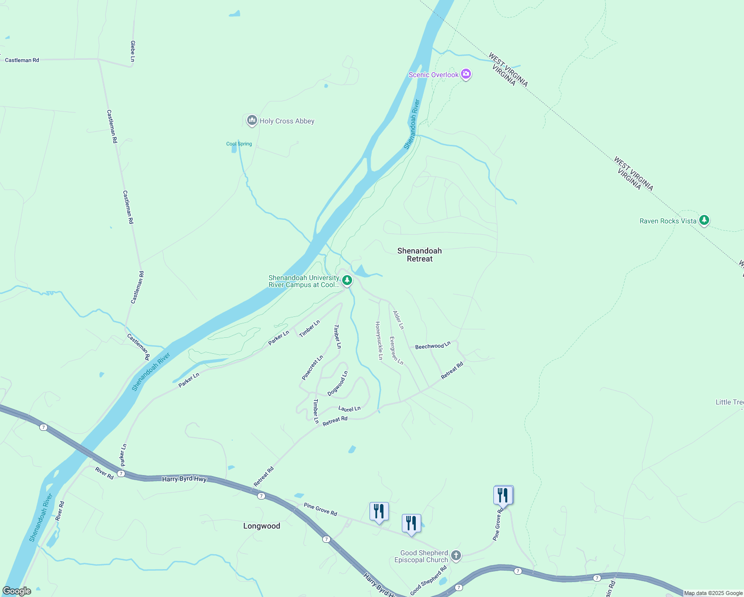 map of restaurants, bars, coffee shops, grocery stores, and more near 631 Cedar Lane in Shenandoah Retreat