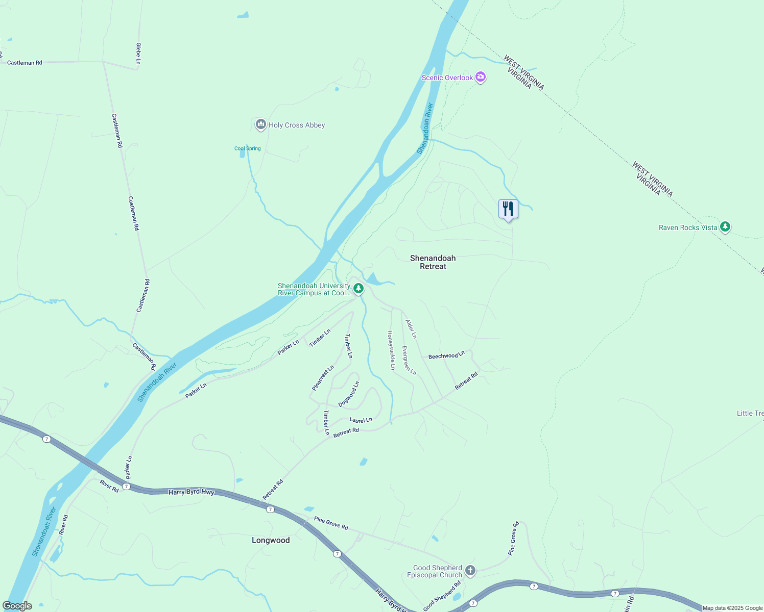 map of restaurants, bars, coffee shops, grocery stores, and more near 52 Honeysuckle Court in Shenandoah Retreat