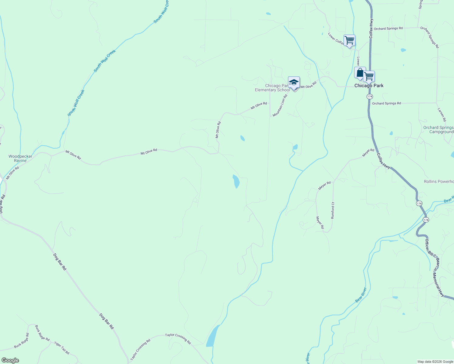 map of restaurants, bars, coffee shops, grocery stores, and more near 14771 Mount Olive Road in Grass Valley