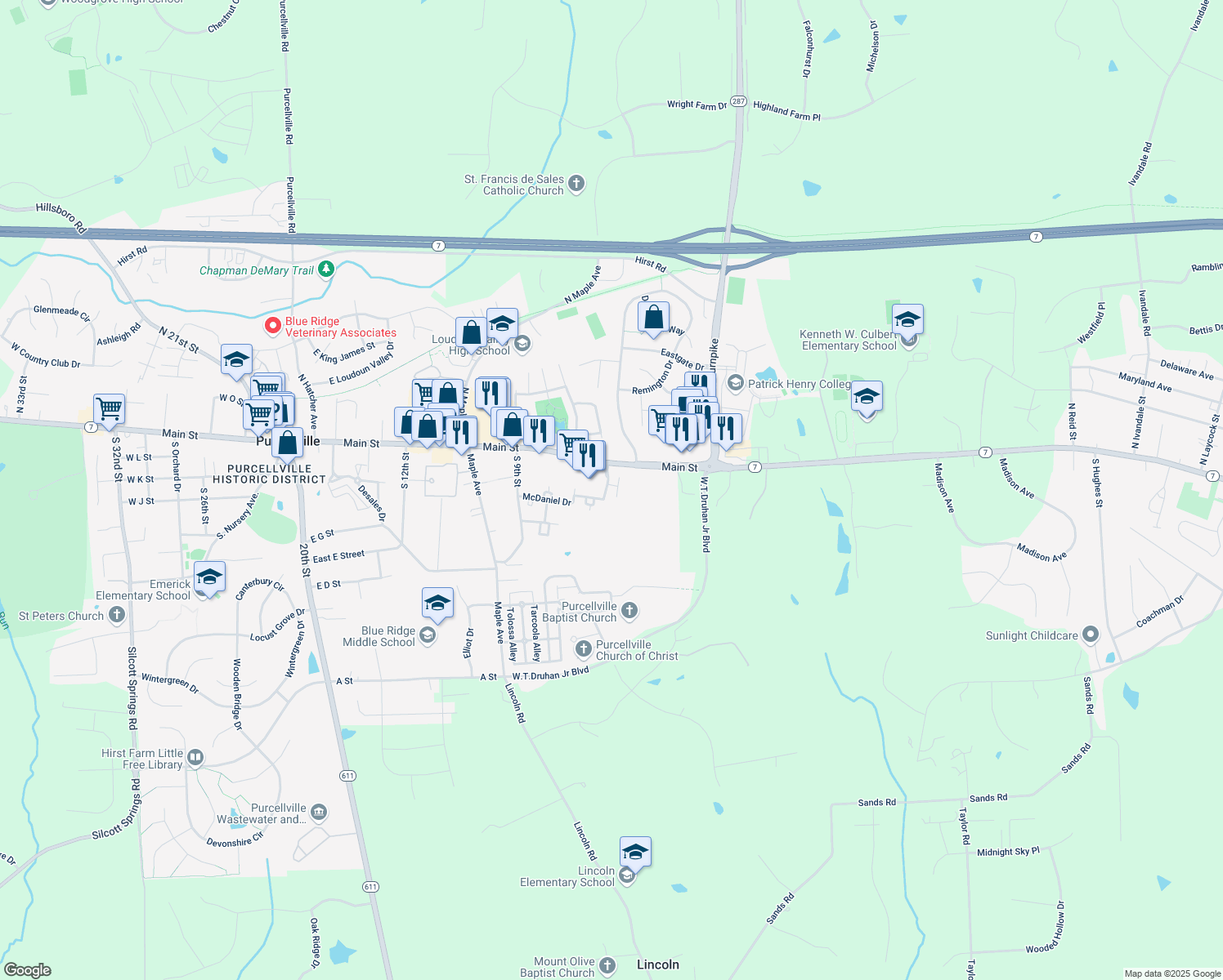 map of restaurants, bars, coffee shops, grocery stores, and more near 104 McIlhaney Way in Purcellville
