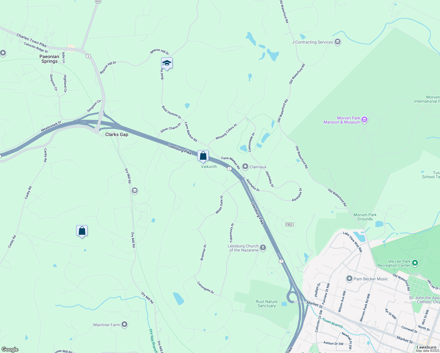 map of restaurants, bars, coffee shops, grocery stores, and more near 40870 Beechnut Rd in Leesburg