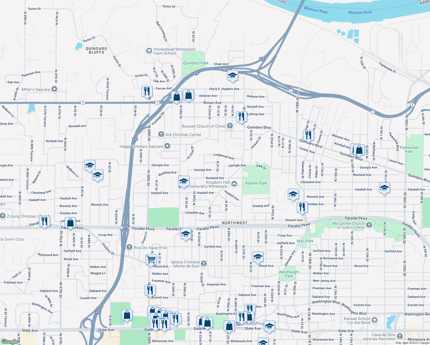 map of restaurants, bars, coffee shops, grocery stores, and more near 3105 Georgia Avenue in Kansas City