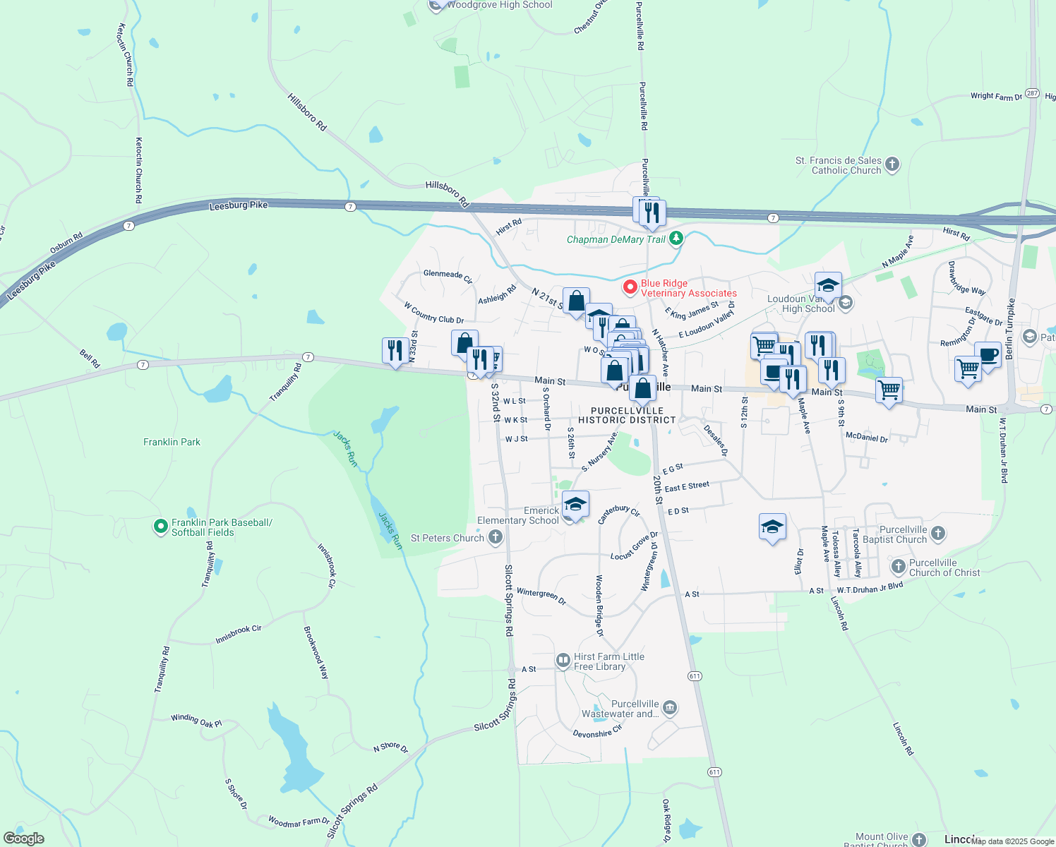 map of restaurants, bars, coffee shops, grocery stores, and more near 420 West K Street in Purcellville