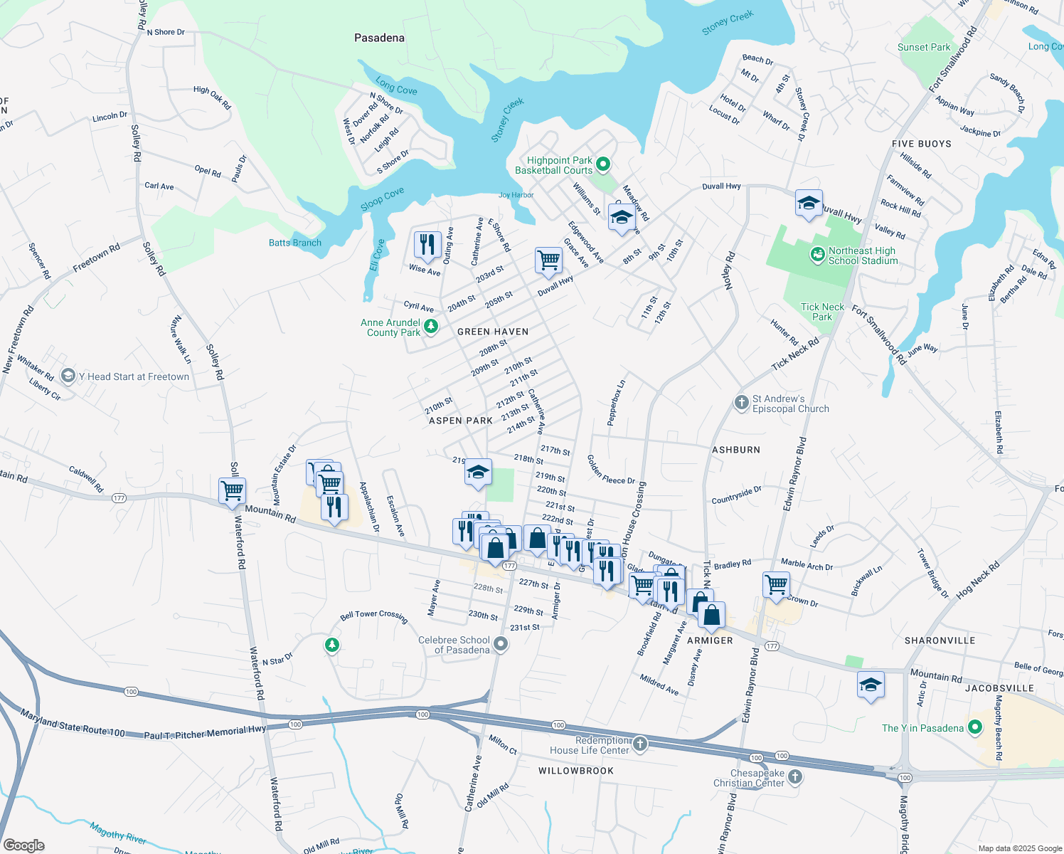 map of restaurants, bars, coffee shops, grocery stores, and more near 726 215th Street in Pasadena