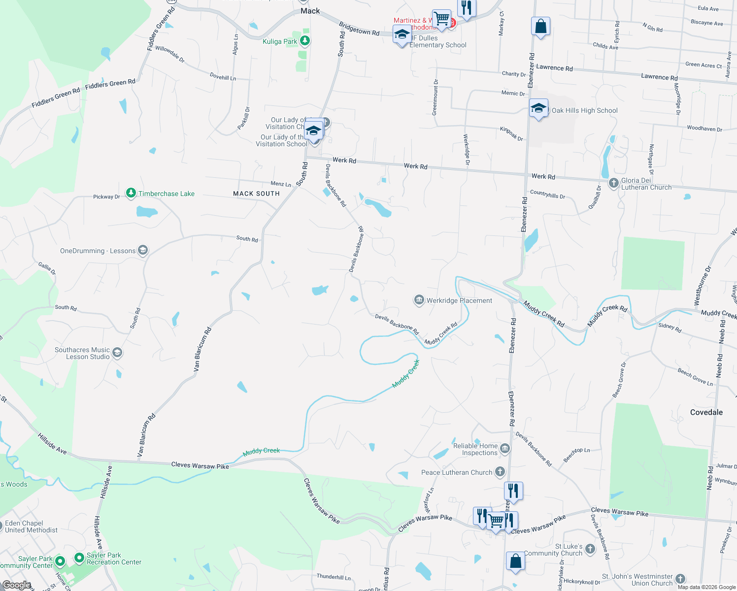 map of restaurants, bars, coffee shops, grocery stores, and more near 2420 Devils Backbone Road in Cincinnati