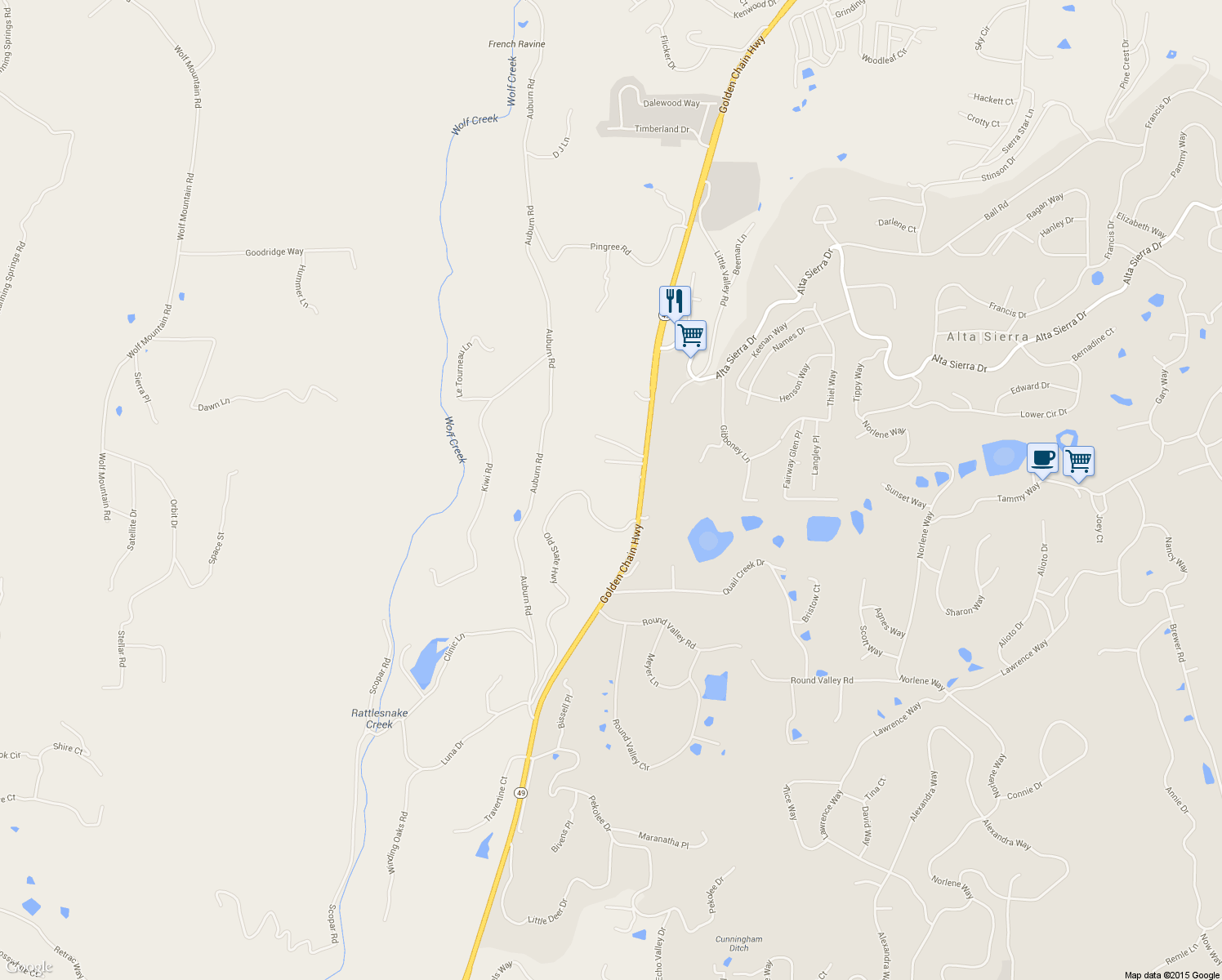 map of restaurants, bars, coffee shops, grocery stores, and more near 16260 Tadpole Creek Road in Grass Valley