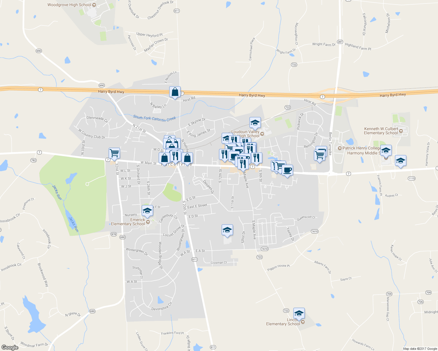 map of restaurants, bars, coffee shops, grocery stores, and more near 141 South 12th Street in Purcellville