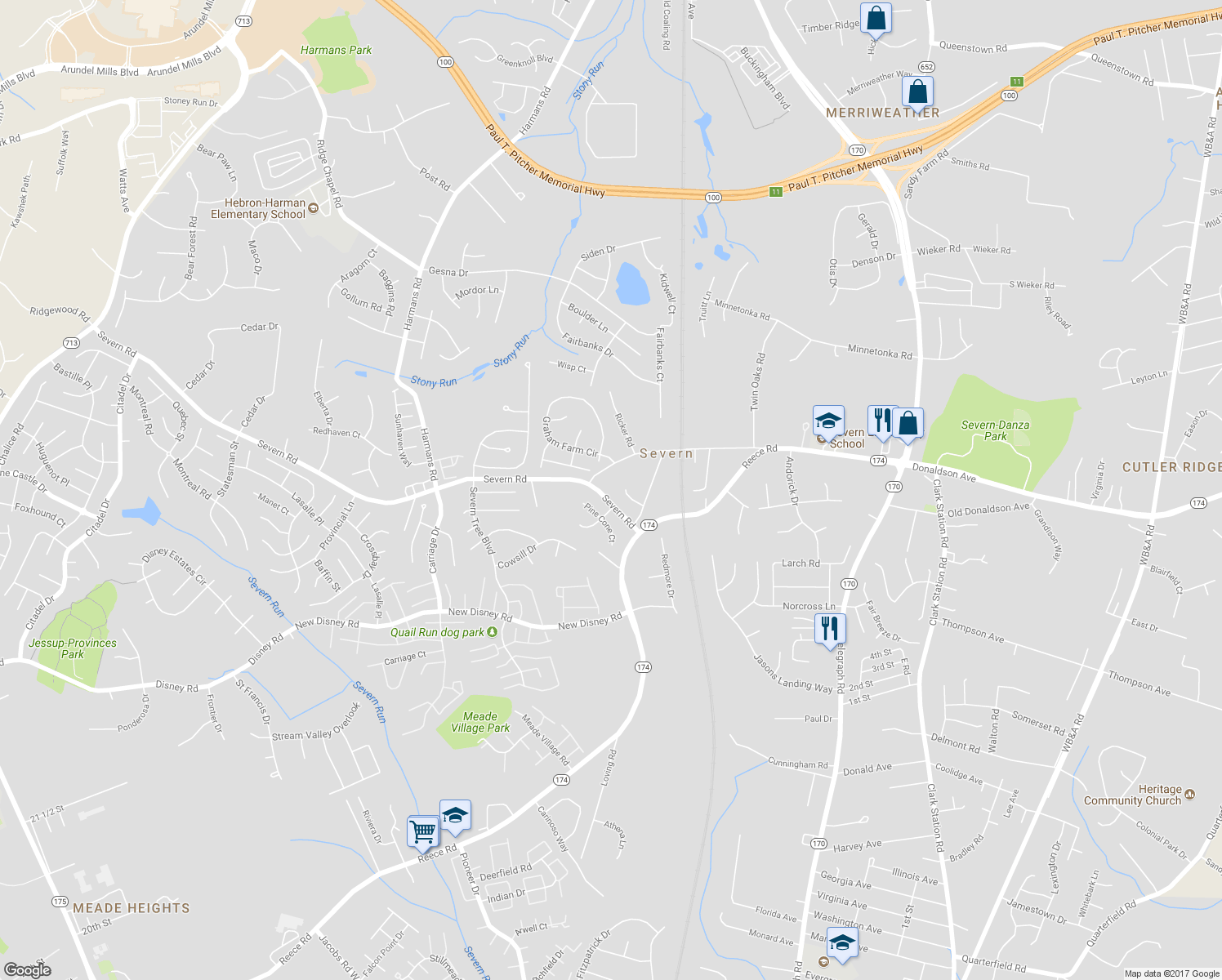 map of restaurants, bars, coffee shops, grocery stores, and more near 1212 Scattered Pines Court in Severn