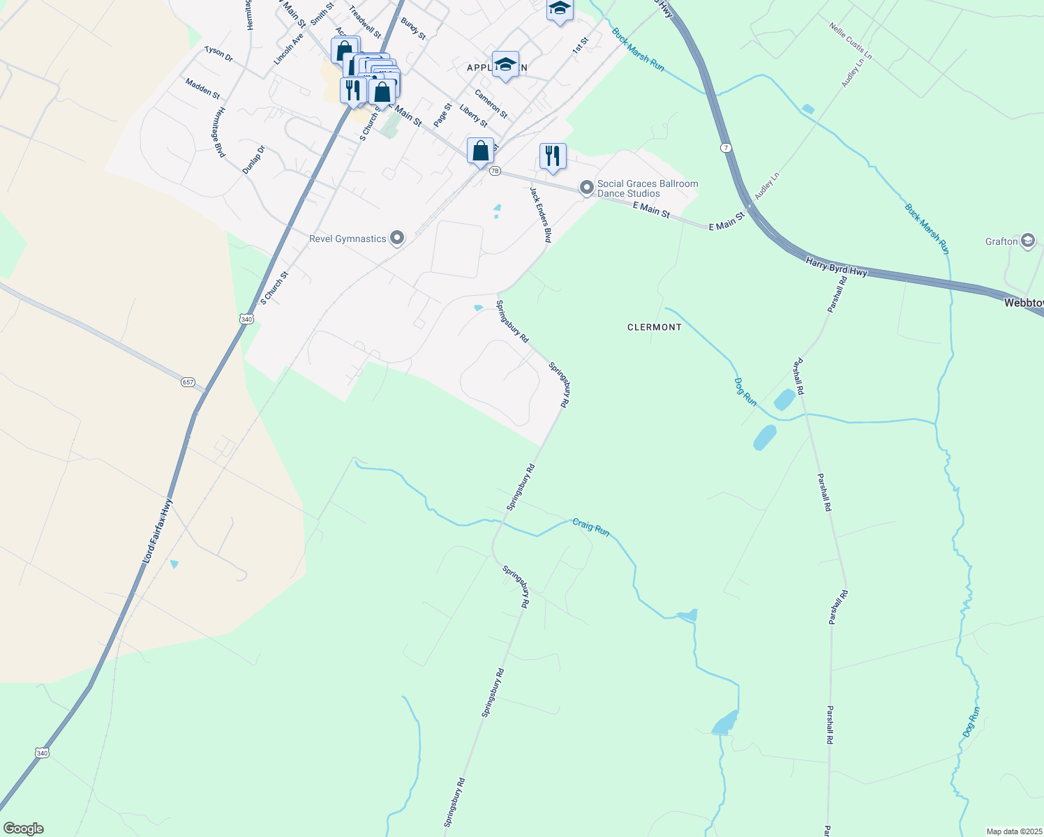 map of restaurants, bars, coffee shops, grocery stores, and more near 800 McGuire Circle in Berryville