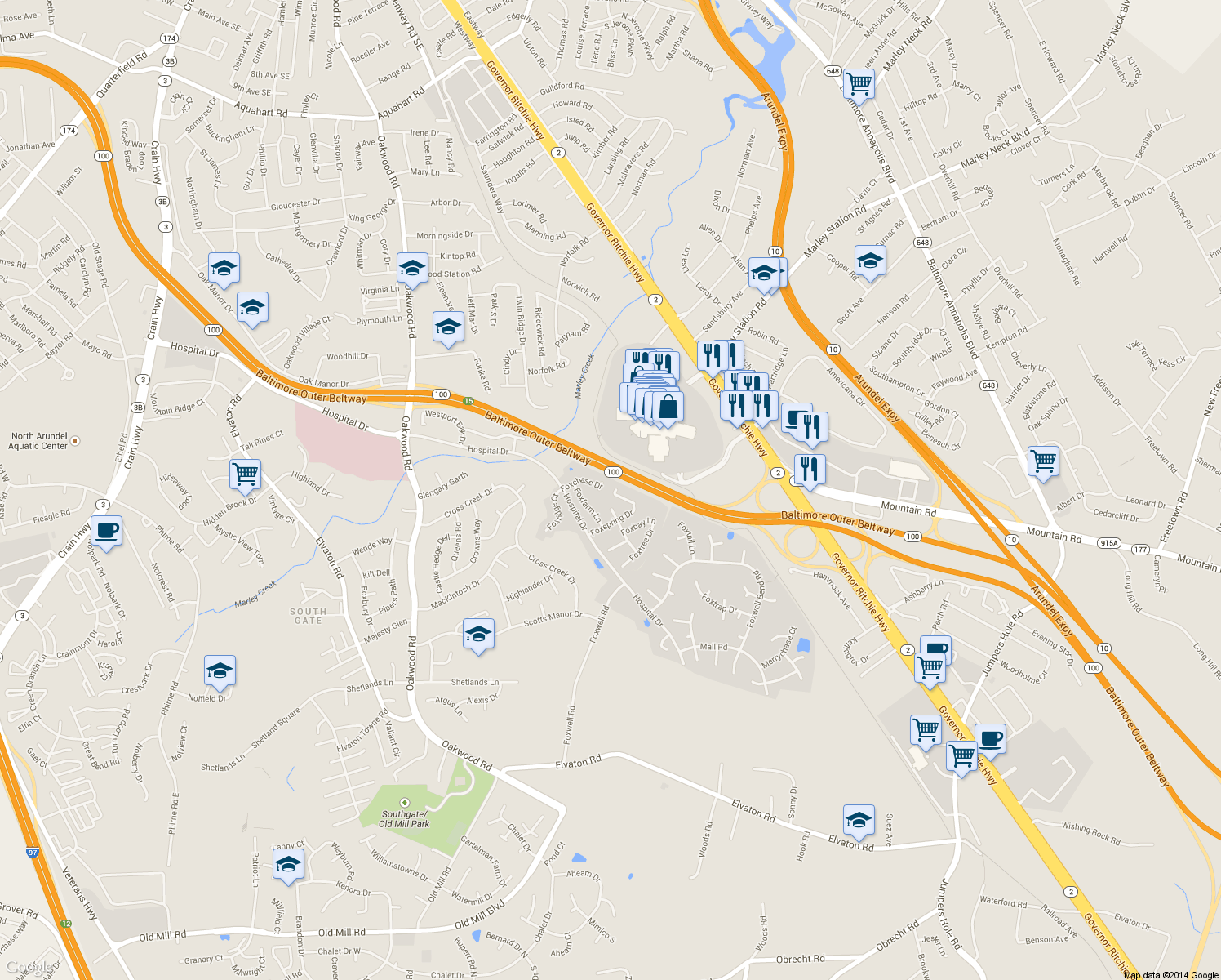 map of restaurants, bars, coffee shops, grocery stores, and more near 107 Foxview Drive in Glen Burnie