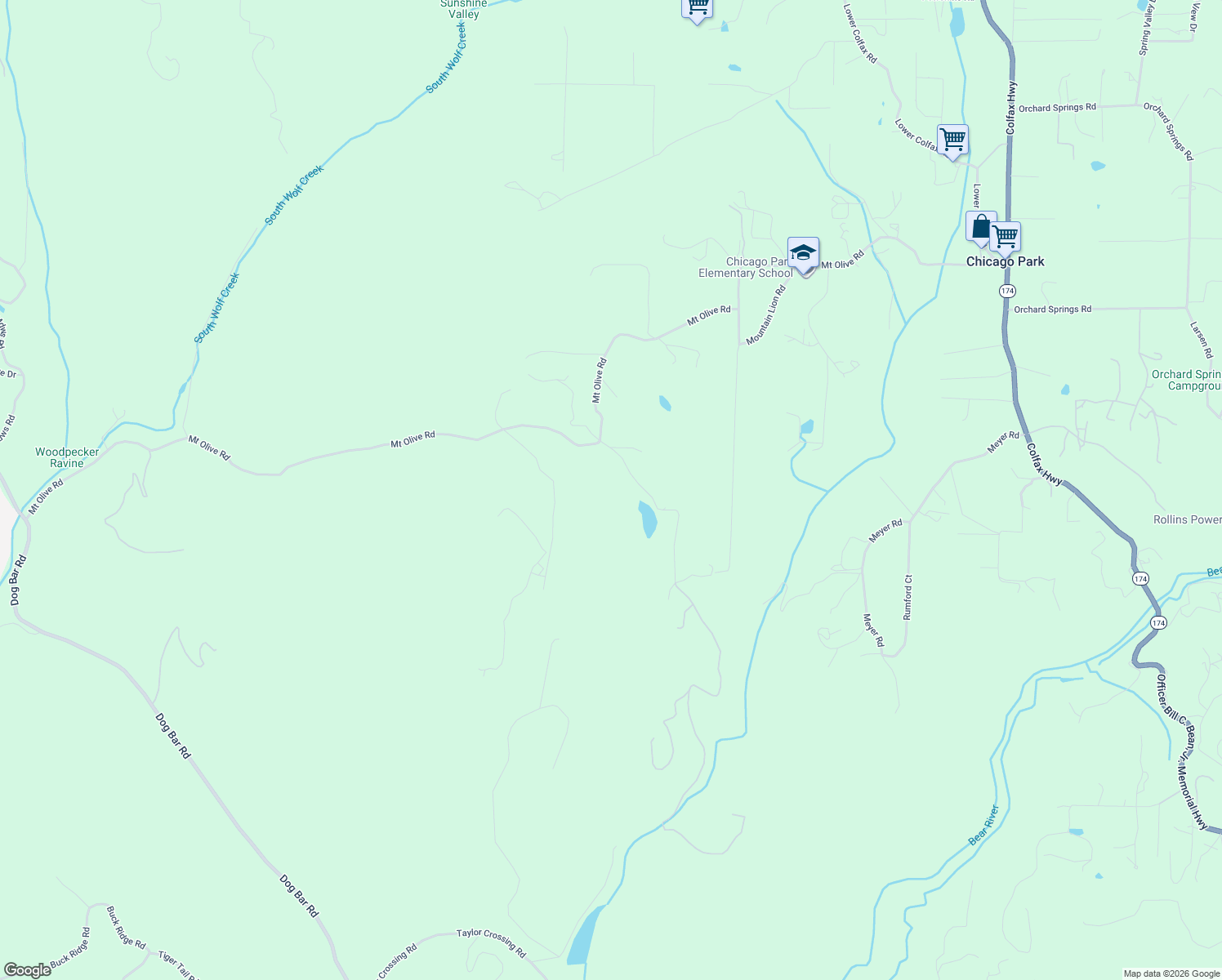 map of restaurants, bars, coffee shops, grocery stores, and more near 14771 Mount Olive Road in Grass Valley