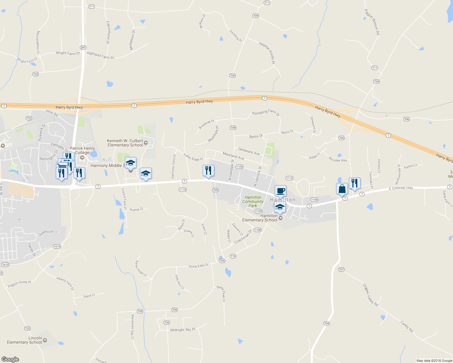 map of restaurants, bars, coffee shops, grocery stores, and more near 306 West Colonial Highway in Hamilton
