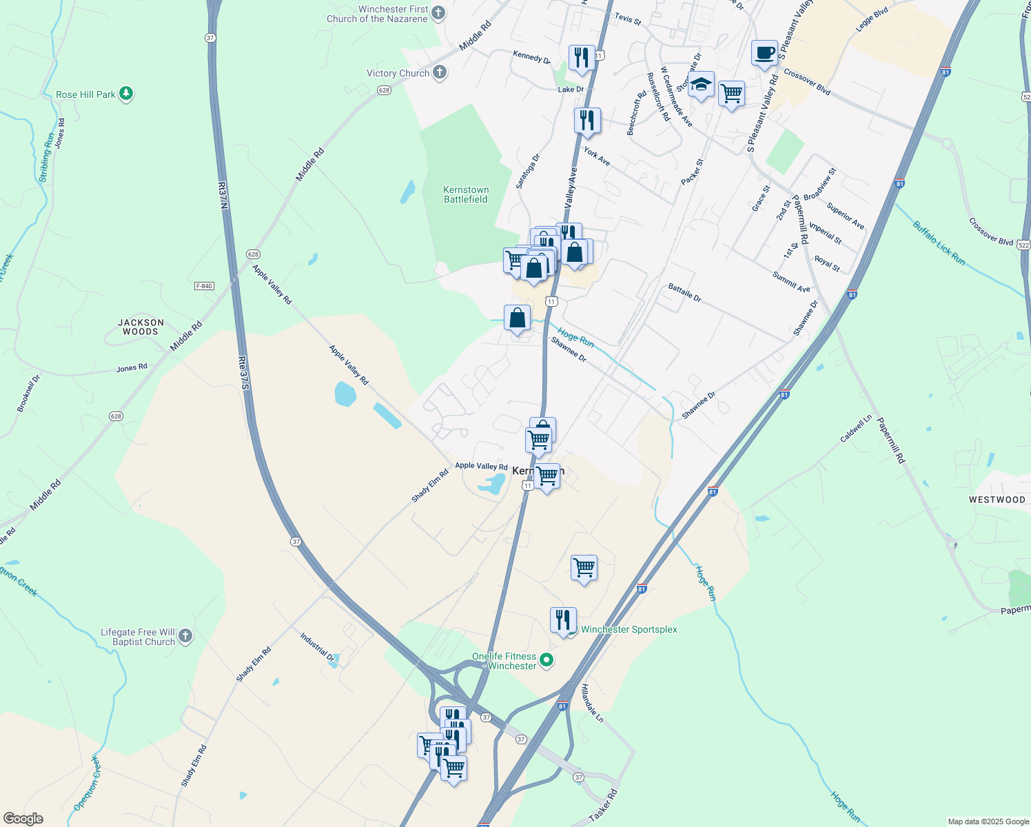 map of restaurants, bars, coffee shops, grocery stores, and more near 106 Plainfield Drive in Winchester
