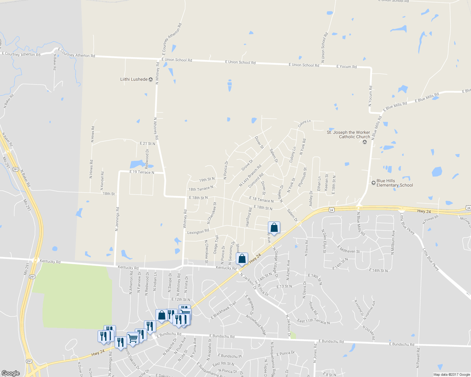 map of restaurants, bars, coffee shops, grocery stores, and more near 1810 North Lazy Branch Road in Independence