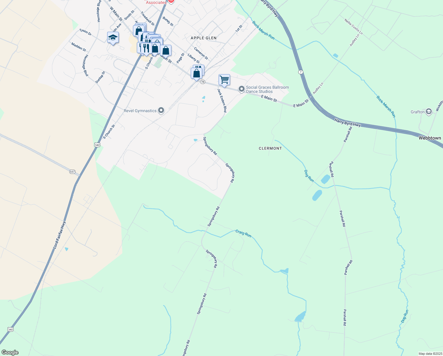 map of restaurants, bars, coffee shops, grocery stores, and more near 823 Mcguire Circle in Berryville