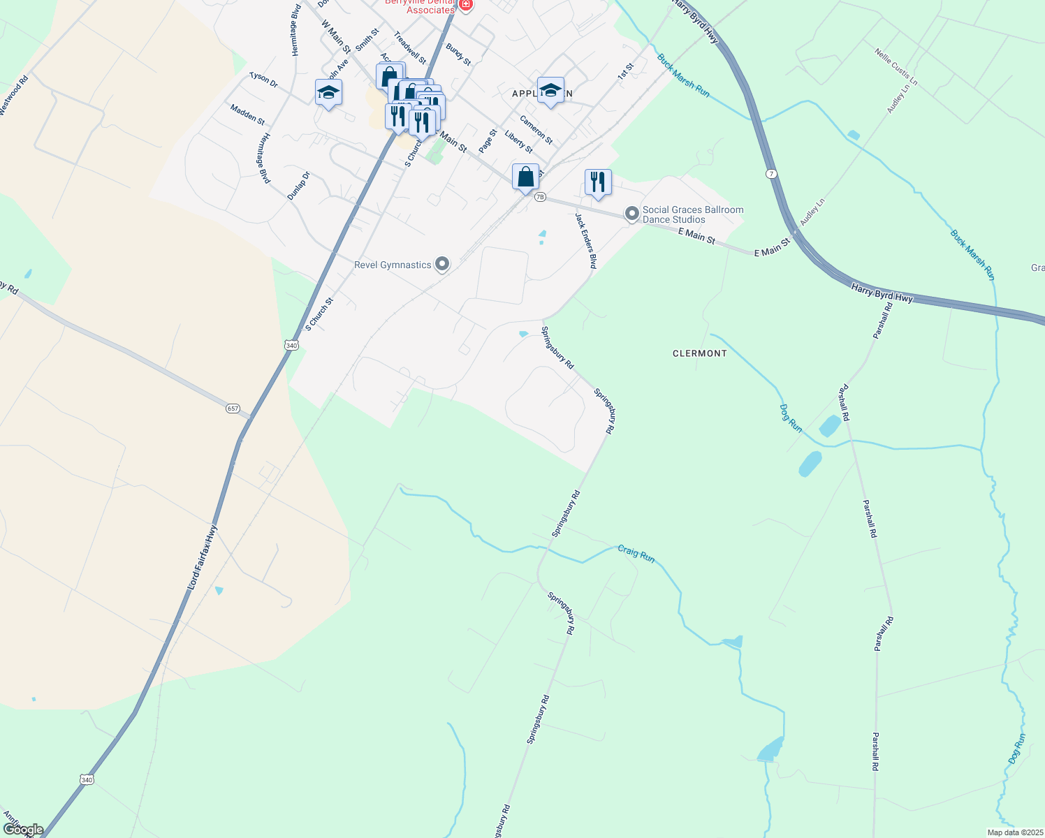 map of restaurants, bars, coffee shops, grocery stores, and more near 766 Mcguire Circle in Berryville