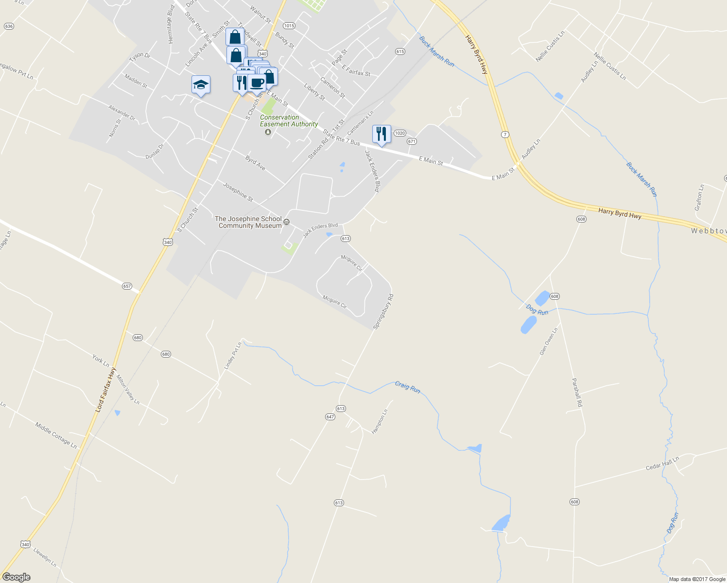 map of restaurants, bars, coffee shops, grocery stores, and more near 824 Mcguire Circle in Berryville