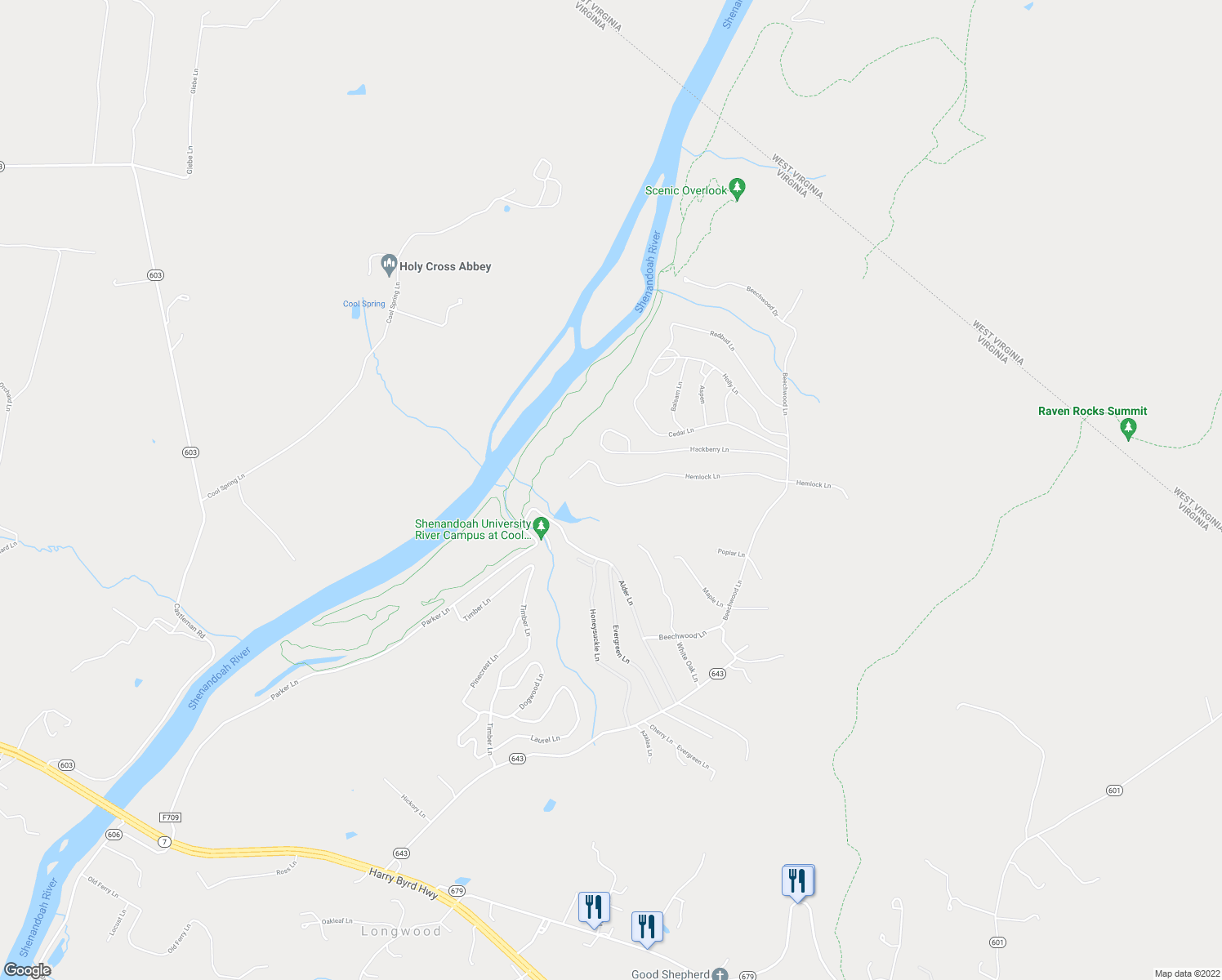 map of restaurants, bars, coffee shops, grocery stores, and more near 789 Hemlock Lane in Bluemont