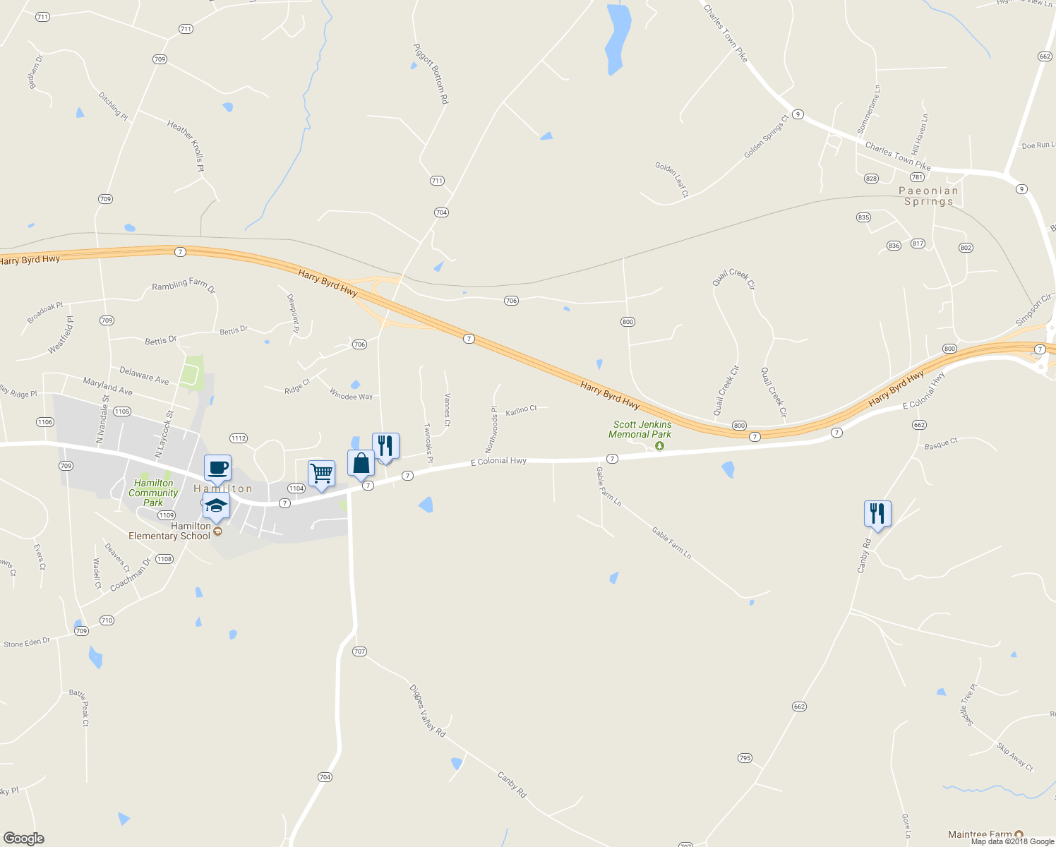 map of restaurants, bars, coffee shops, grocery stores, and more near 39267 Karlino Court in Hamilton