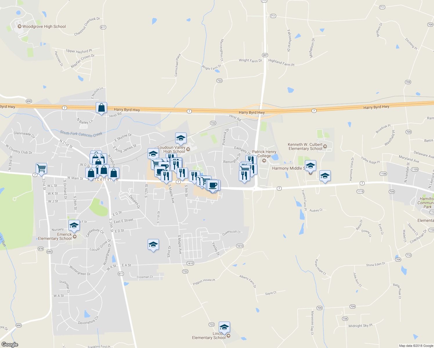 map of restaurants, bars, coffee shops, grocery stores, and more near 114 Ivy Hills Terrace in Purcellville