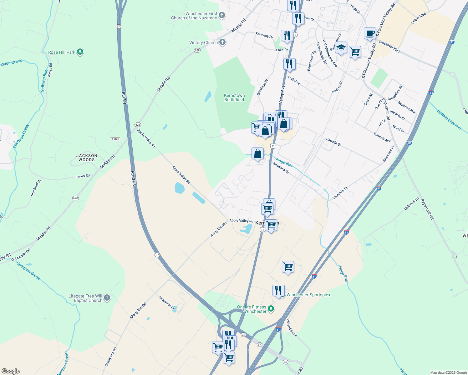 map of restaurants, bars, coffee shops, grocery stores, and more near 210 Crestwood Ln in Winchester