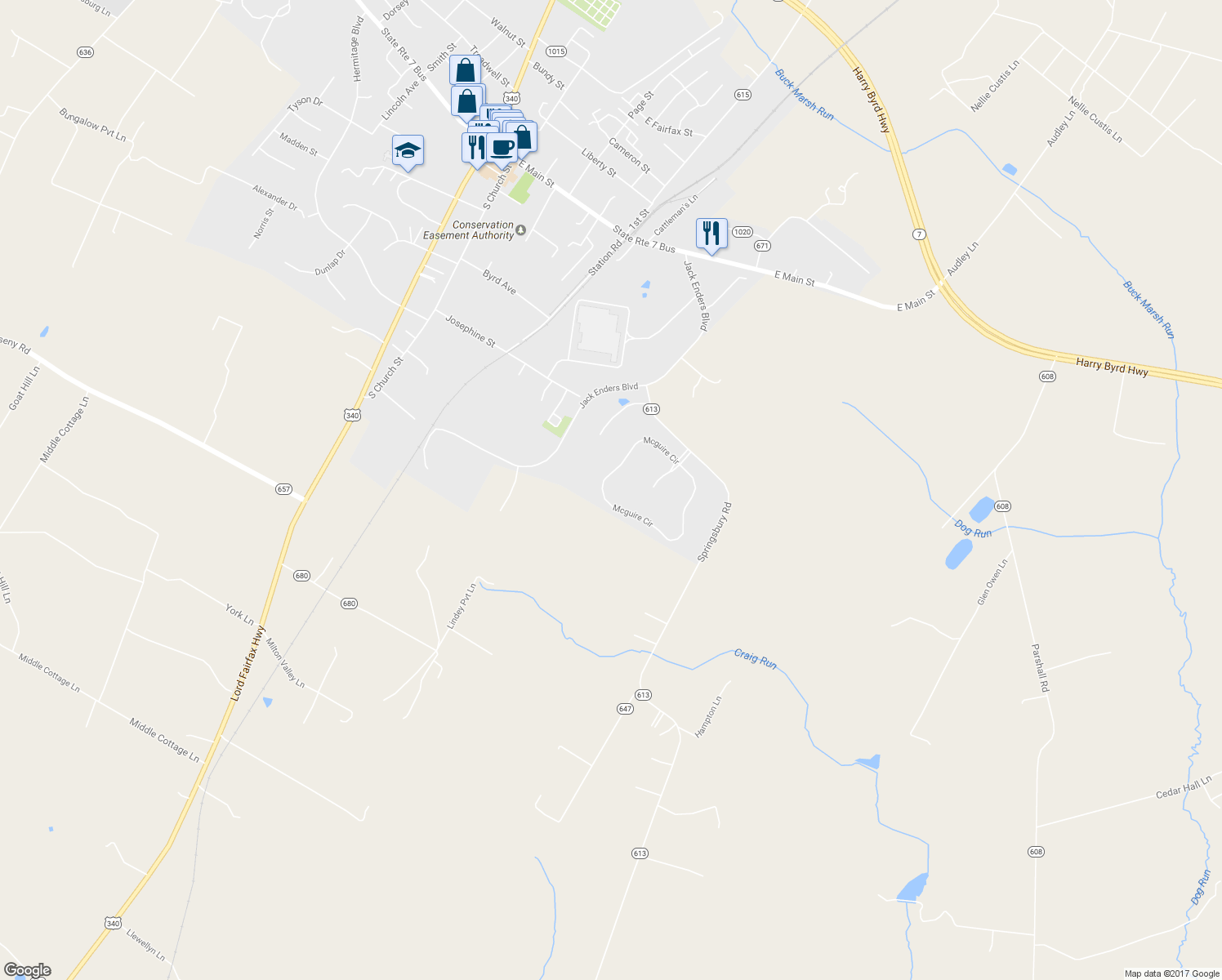 map of restaurants, bars, coffee shops, grocery stores, and more near 754 McGuire Circle in Berryville