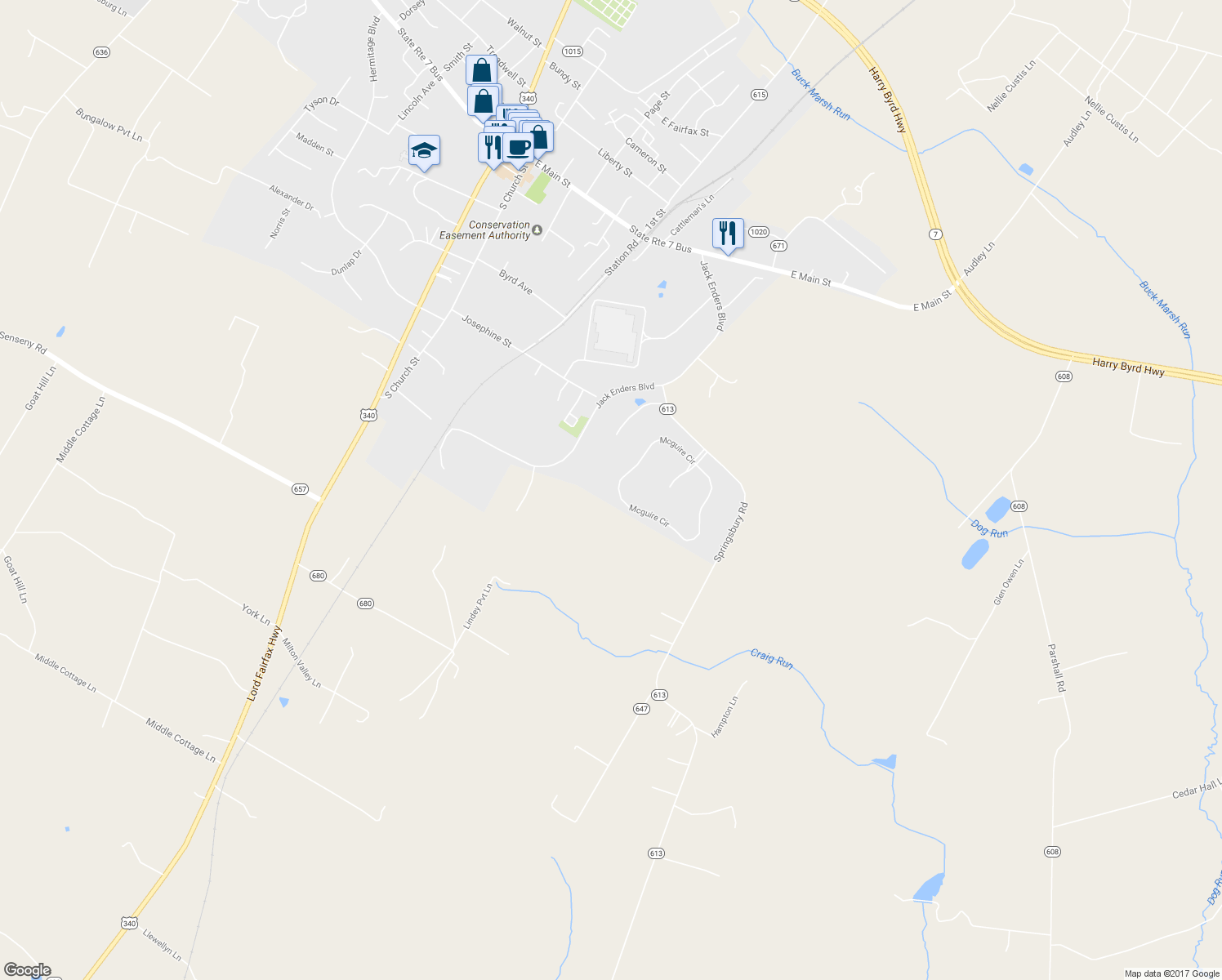 map of restaurants, bars, coffee shops, grocery stores, and more near 757 McGuire Circle in Berryville