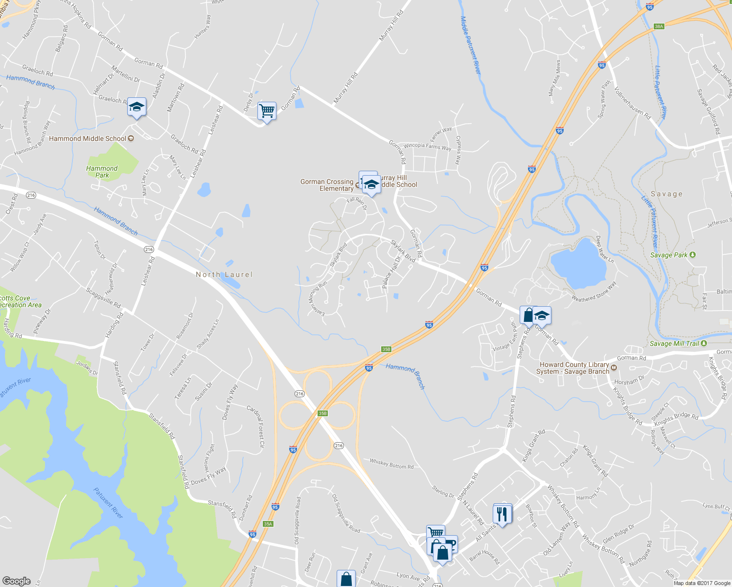 map of restaurants, bars, coffee shops, grocery stores, and more near 9707 Soothing Shade Way in Laurel