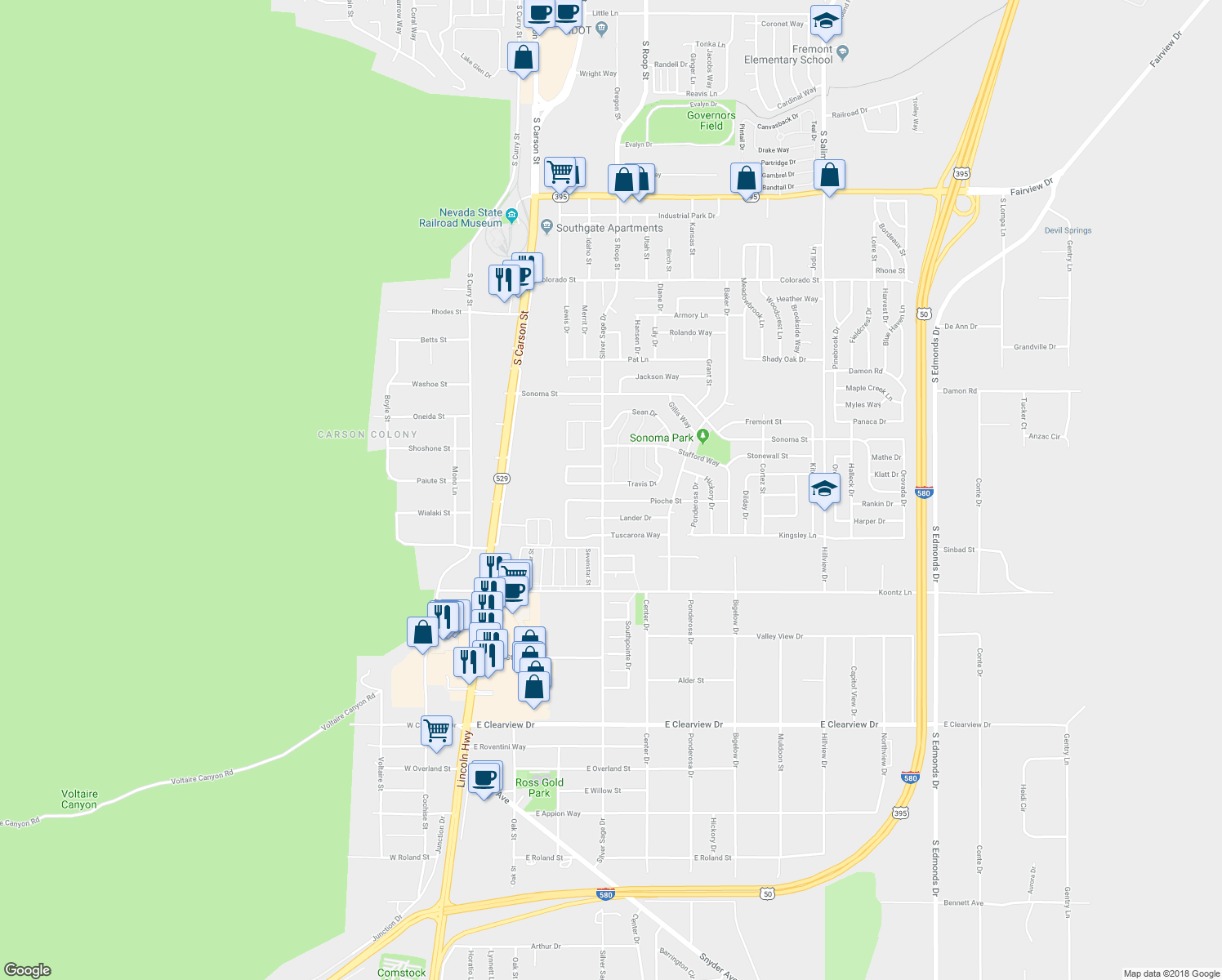 map of restaurants, bars, coffee shops, grocery stores, and more near 505 Travis Drive in Carson City