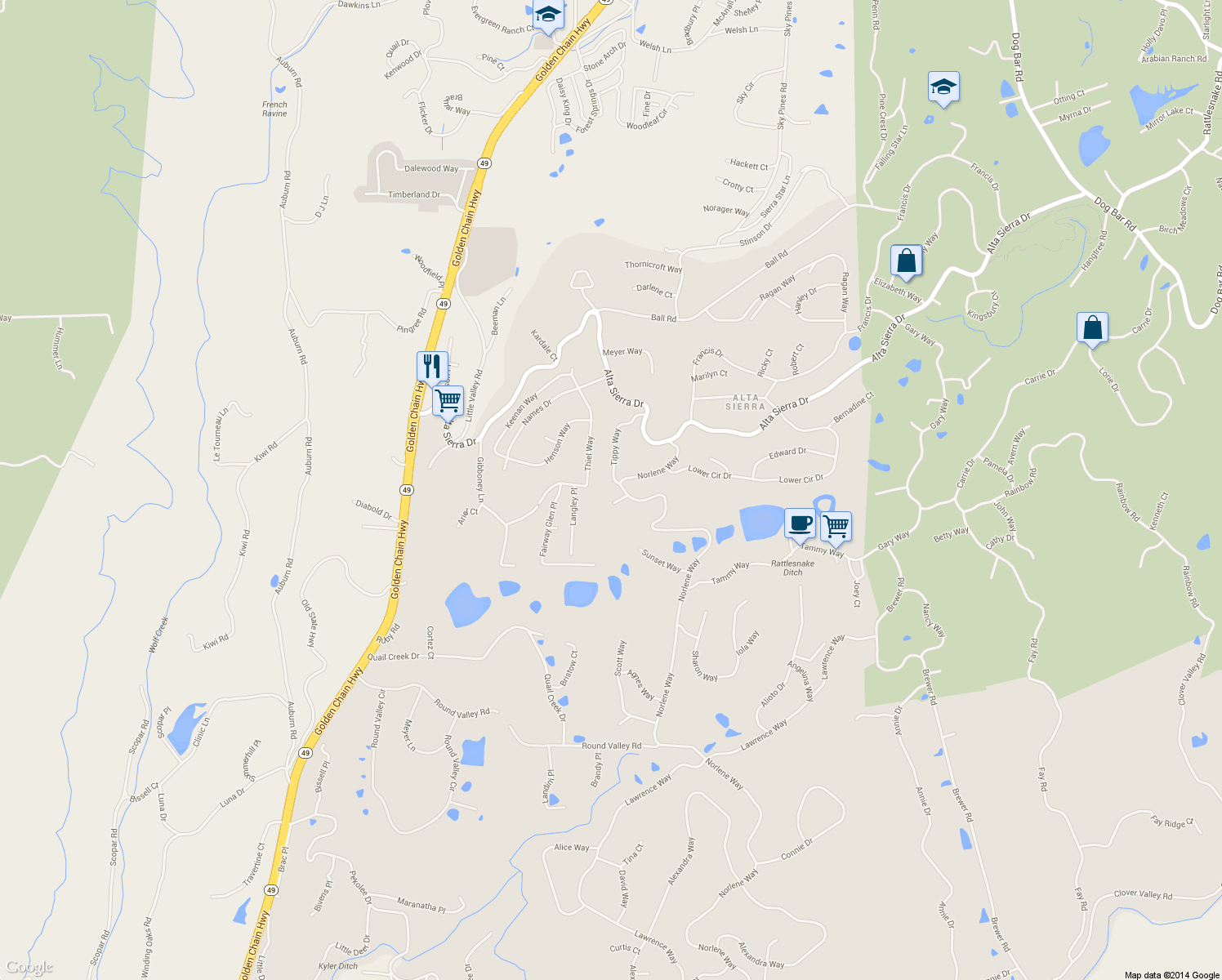 map of restaurants, bars, coffee shops, grocery stores, and more near 16004 Norlene Way in Grass Valley