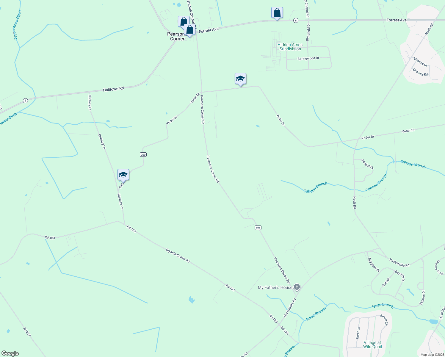 map of restaurants, bars, coffee shops, grocery stores, and more near 1108 Pearsons Corner Road in Hartly