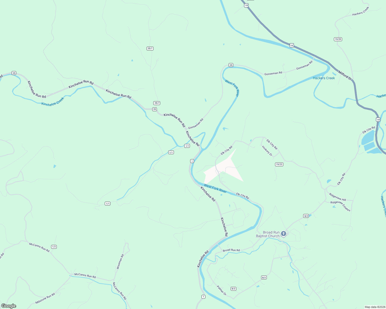 map of restaurants, bars, coffee shops, grocery stores, and more near Kincheloe Road in Jane Lew
