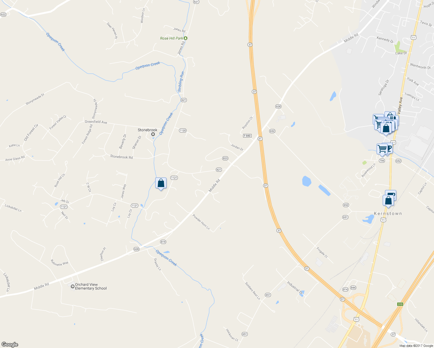 map of restaurants, bars, coffee shops, grocery stores, and more near 3536 Middle Road in Winchester