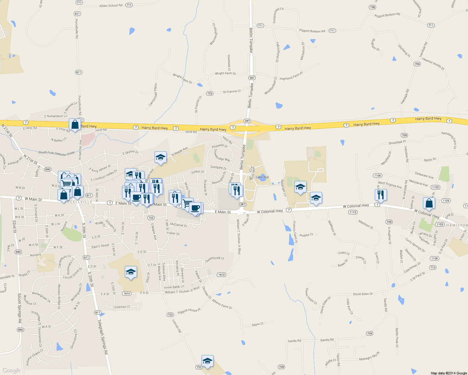 map of restaurants, bars, coffee shops, grocery stores, and more near 37879 Wexford Place in Purcellville