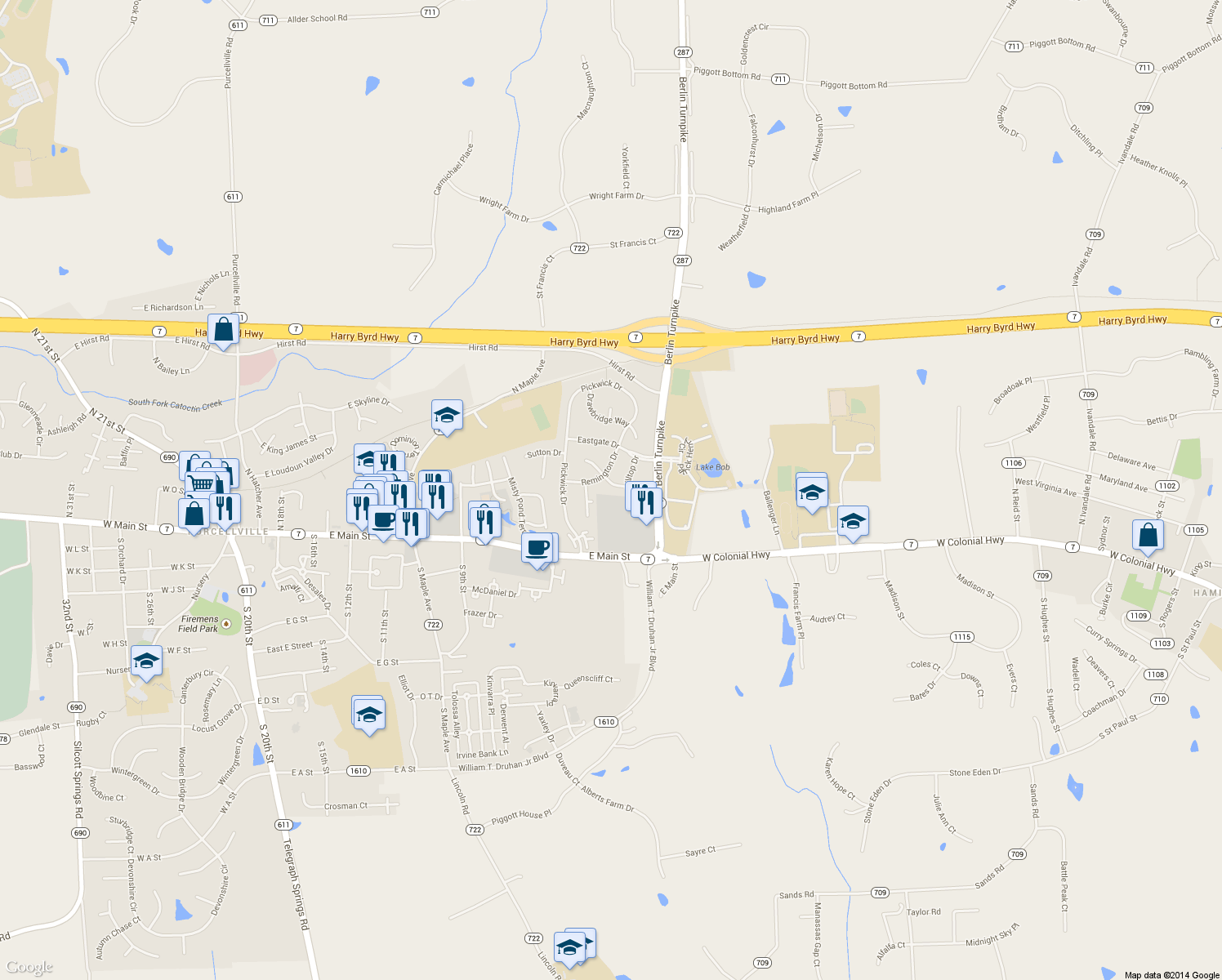 map of restaurants, bars, coffee shops, grocery stores, and more near 37859 Wexford Place in Purcellville