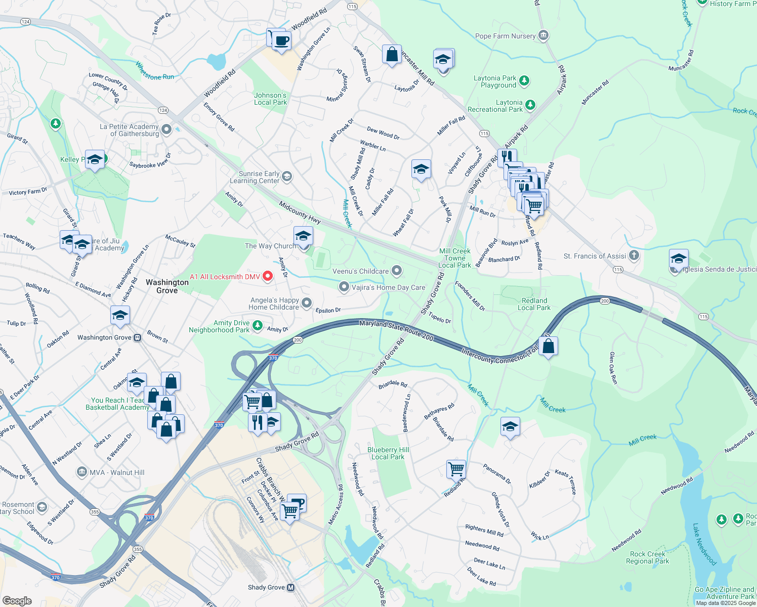map of restaurants, bars, coffee shops, grocery stores, and more near 7612 Epsilon Drive in Rockville