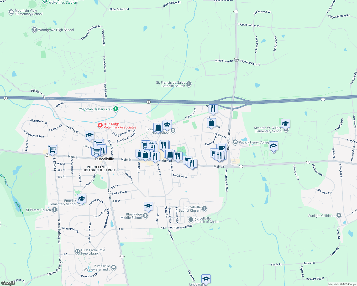 map of restaurants, bars, coffee shops, grocery stores, and more near 203 Grassy Ridge Terrace in Purcellville