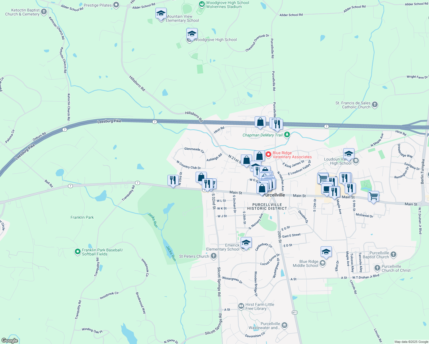 map of restaurants, bars, coffee shops, grocery stores, and more near 610 West Country Club Drive in Purcellville