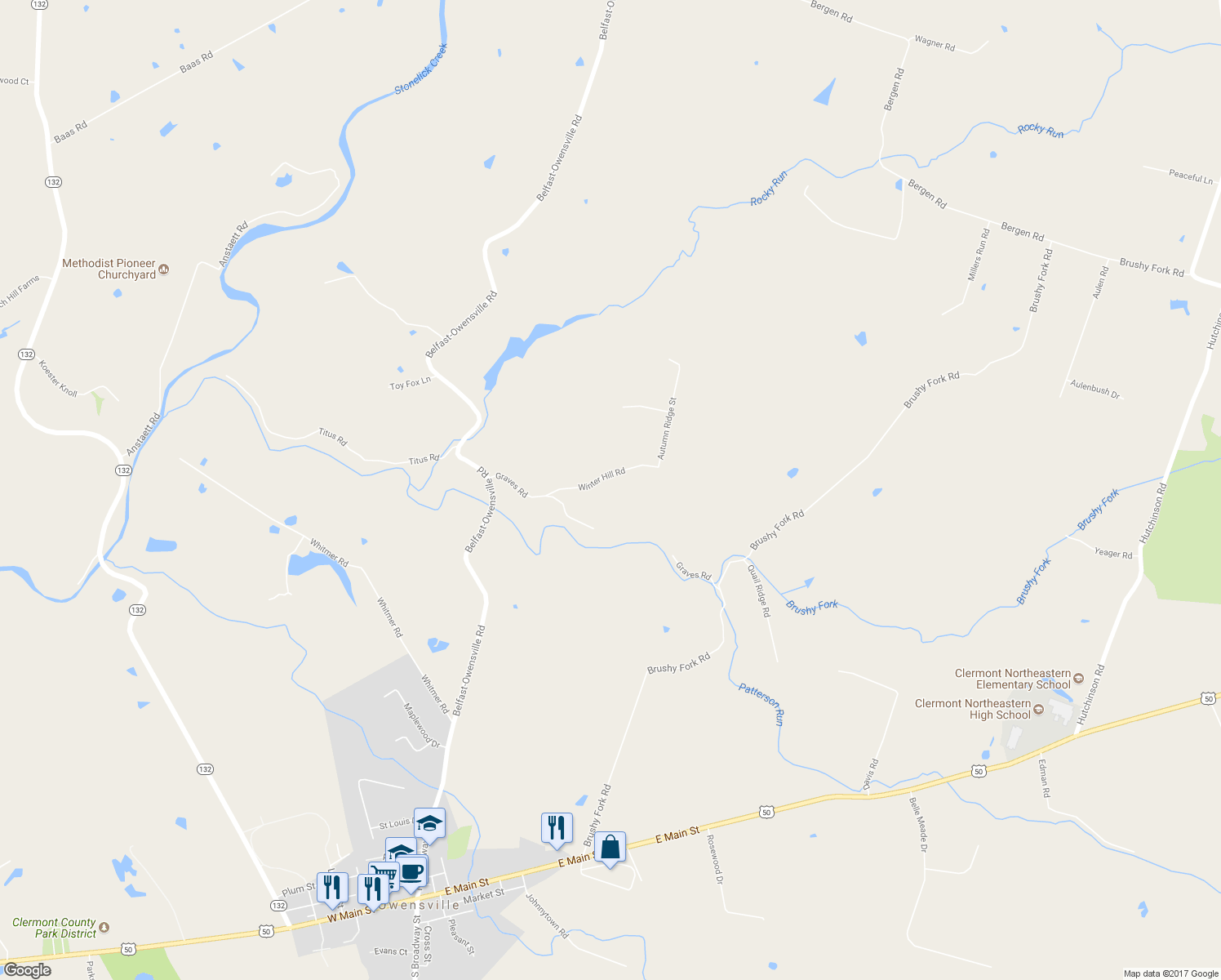 map of restaurants, bars, coffee shops, grocery stores, and more near 2490 Winter Hill Road in Batavia