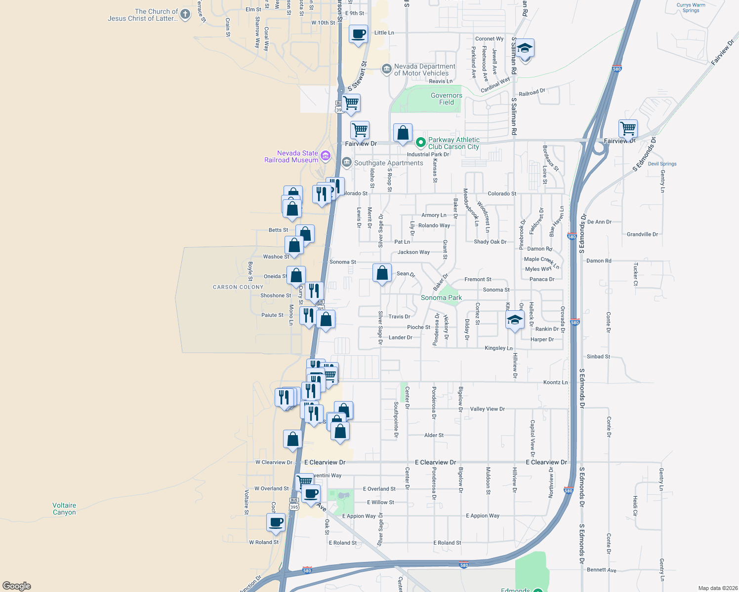 map of restaurants, bars, coffee shops, grocery stores, and more near 101 Windtree Cir in Carson City