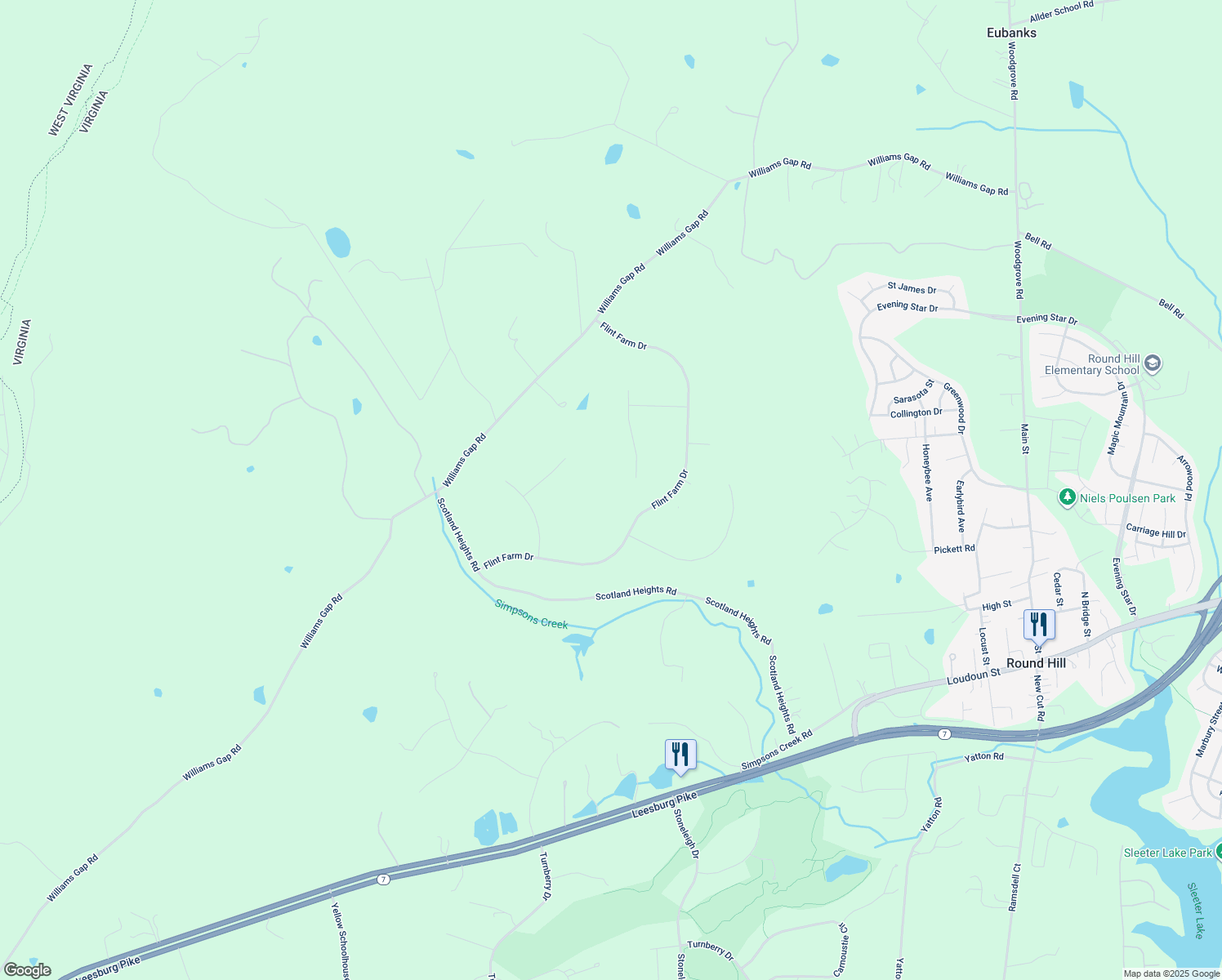 map of restaurants, bars, coffee shops, grocery stores, and more near 17271 Grand Valley Ct in Round Hill