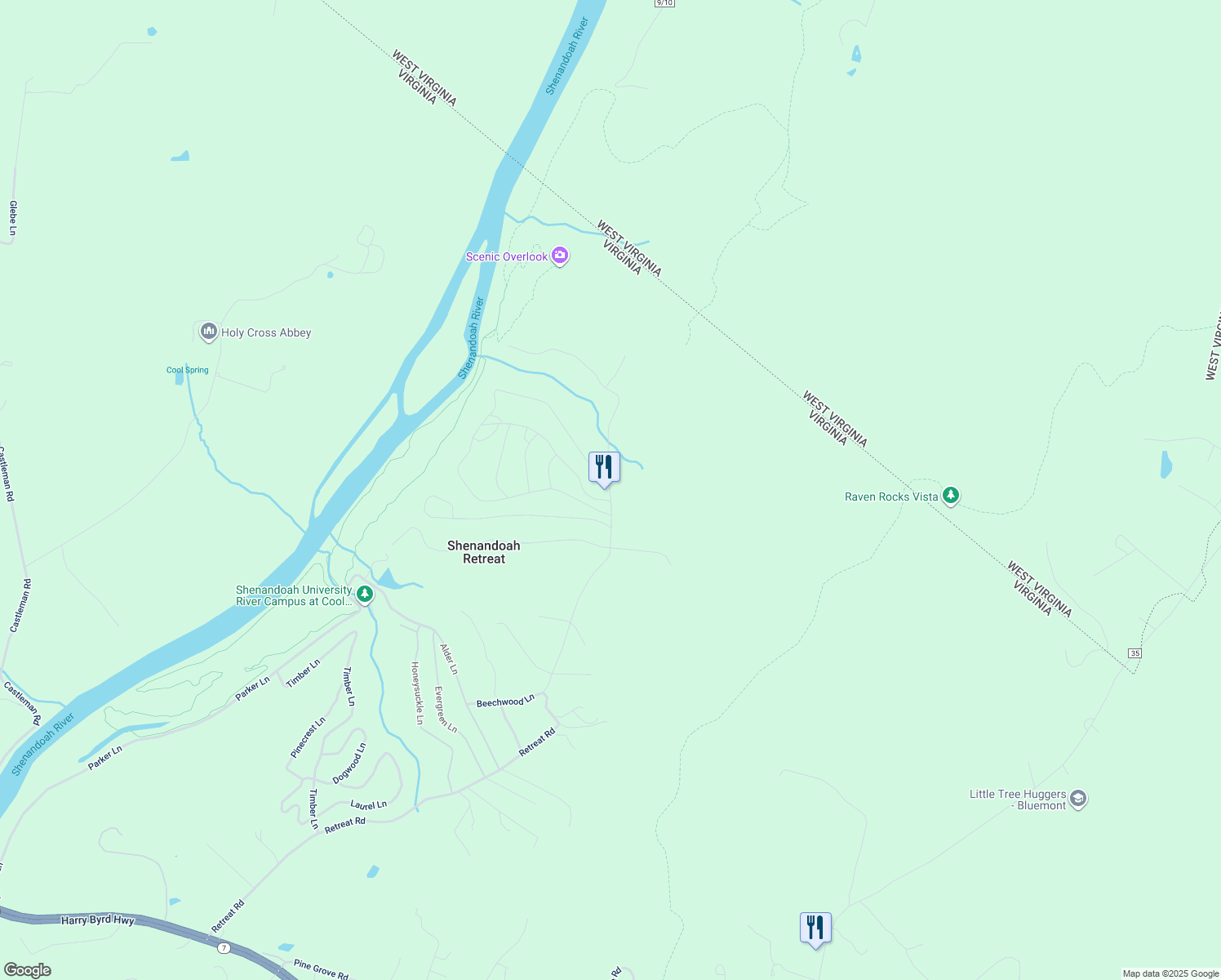 map of restaurants, bars, coffee shops, grocery stores, and more near 544 Beechwood Lane in Bluemont