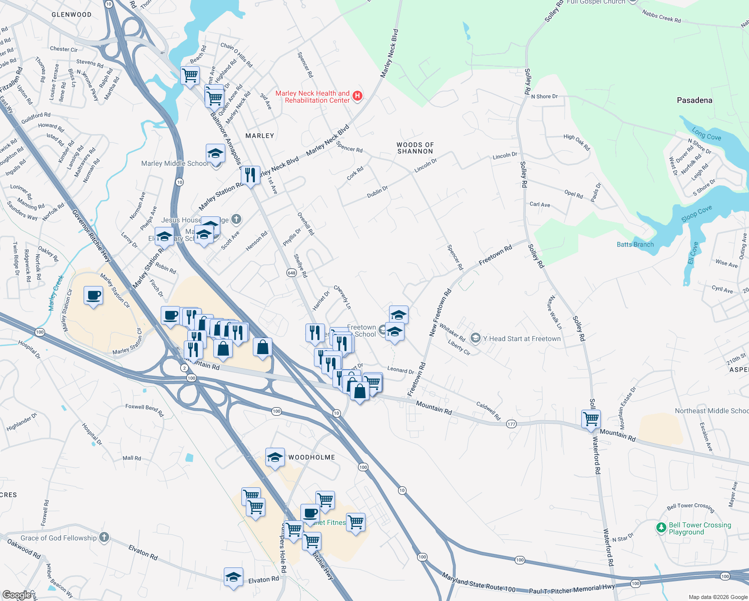 map of restaurants, bars, coffee shops, grocery stores, and more near 346 Addison Drive in Glen Burnie