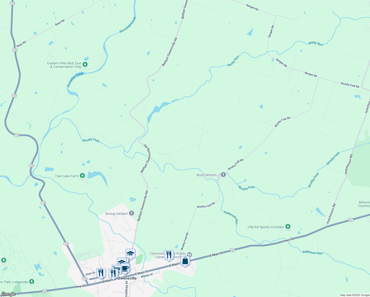 map of restaurants, bars, coffee shops, grocery stores, and more near 2490 Winter Hill Road in Batavia
