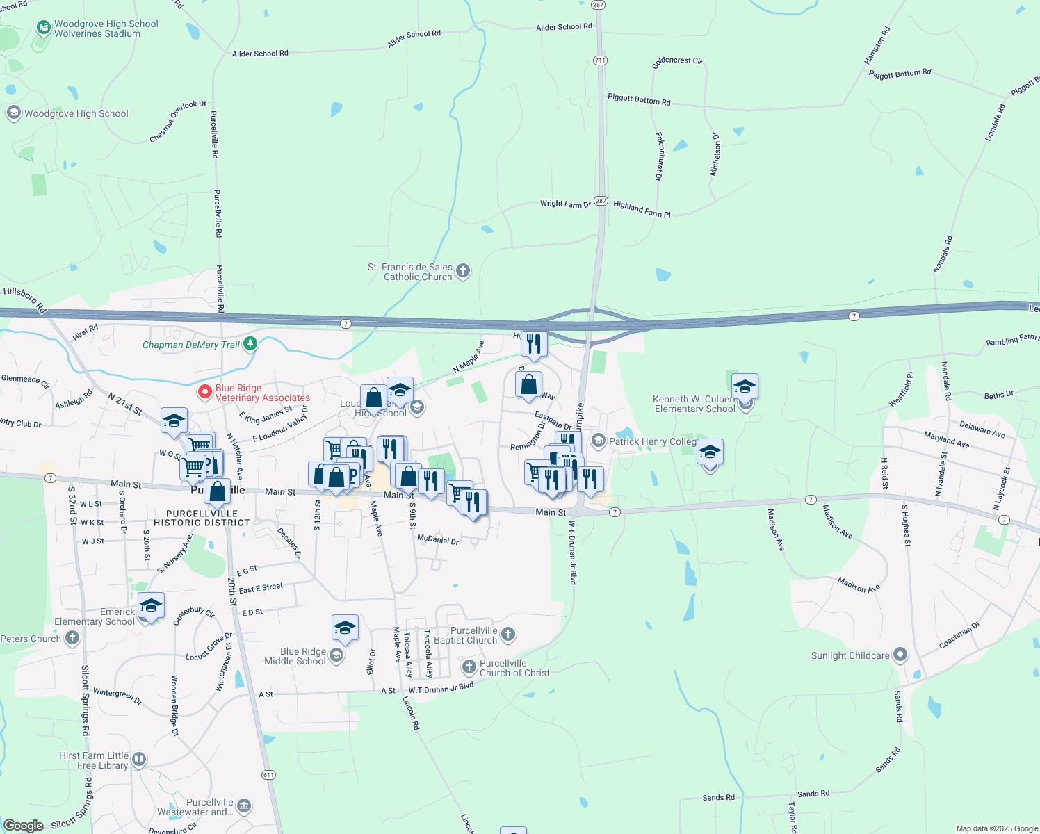 map of restaurants, bars, coffee shops, grocery stores, and more near 37783 Eastgate Drive in Purcellville