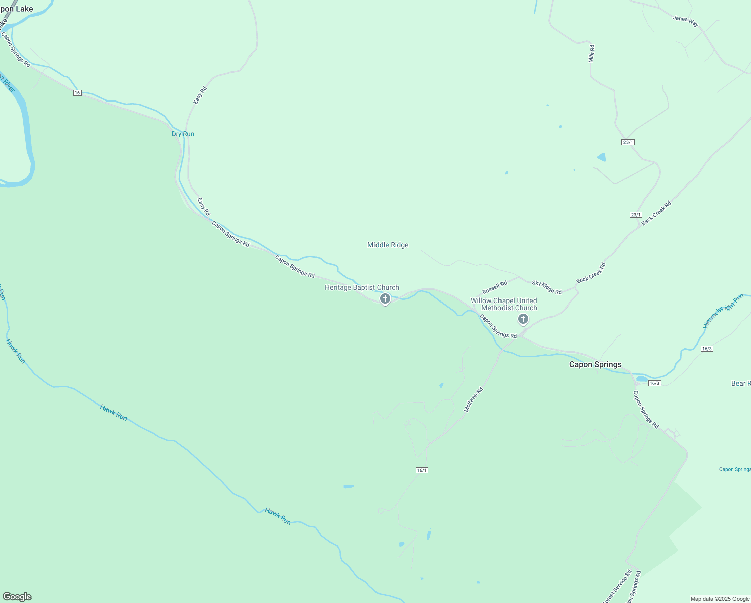 map of restaurants, bars, coffee shops, grocery stores, and more near Capon Springs Road in Hampshire County