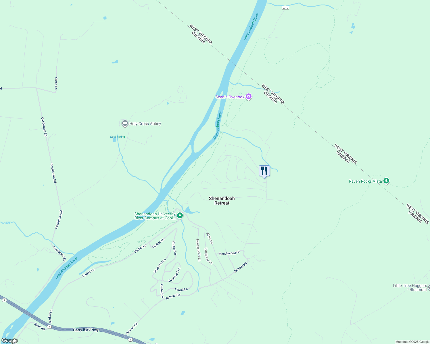 map of restaurants, bars, coffee shops, grocery stores, and more near 500 Cedar Lane in Bluemont
