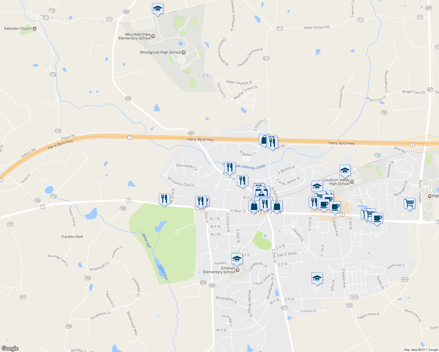 map of restaurants, bars, coffee shops, grocery stores, and more near 402 Leeds Ridge Court in Purcellville