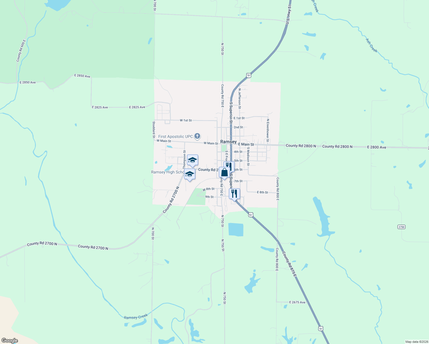 map of restaurants, bars, coffee shops, grocery stores, and more near 306 6th Street in Ramsey