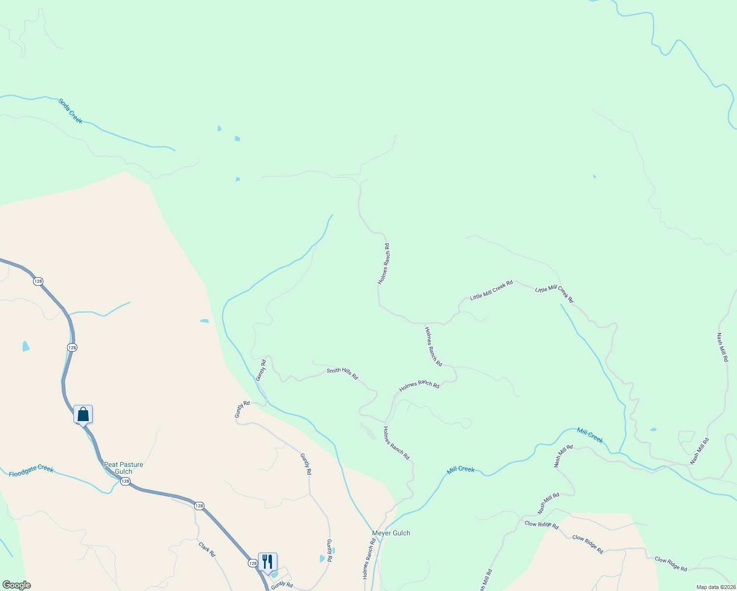 map of restaurants, bars, coffee shops, grocery stores, and more near 700 Holmes Ranch Road in Philo